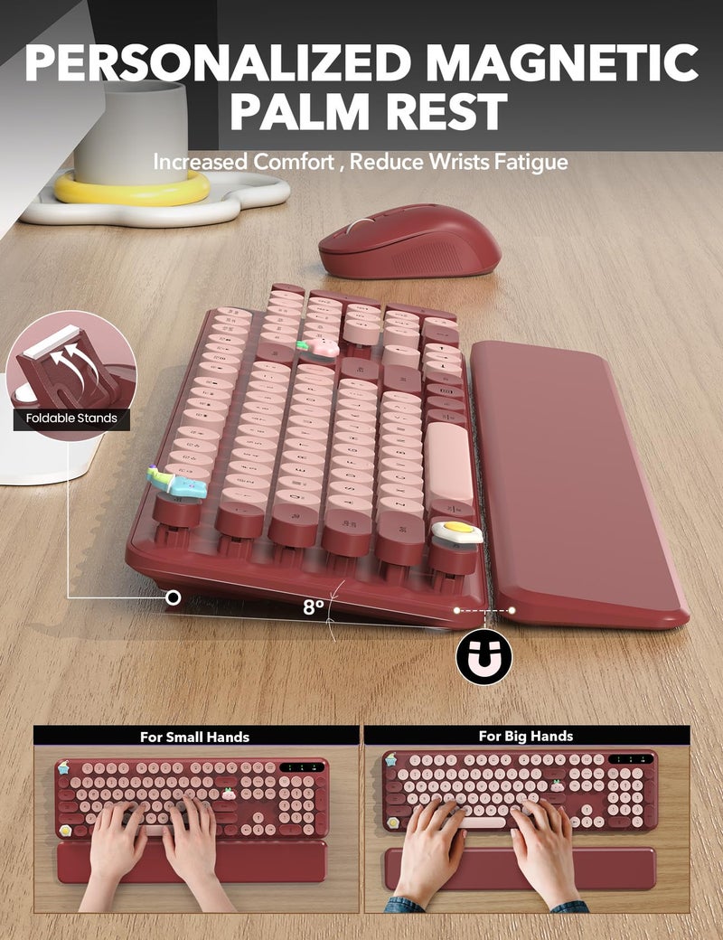 Trueque Wireless Keyboard and Mouse Combo - Cute Typewriter Keyboard with Detachable Wrist Rest, Retro Round Keycaps, Foldable Legs, 2.4GHz Full-Size Keyboard for PC, Laptop, Windows - Trueque (Wine Red) - Image 3