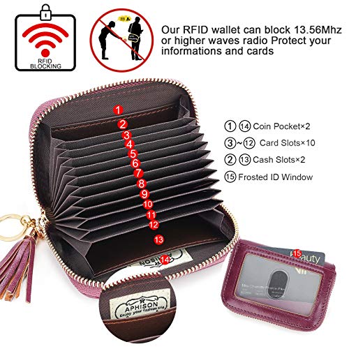 APHISON RFID Credit Card Holder Zipper Card Case Keychain Small Wallet for Women 1927 PURPLISH-RED - Image 3