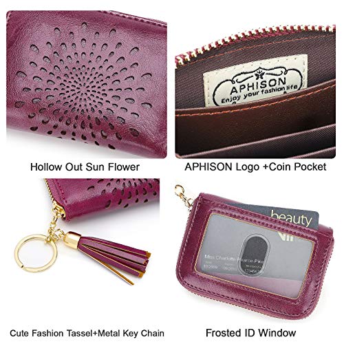 APHISON RFID Credit Card Holder Zipper Card Case Keychain Small Wallet for Women 1927 PURPLISH-RED - Image 4