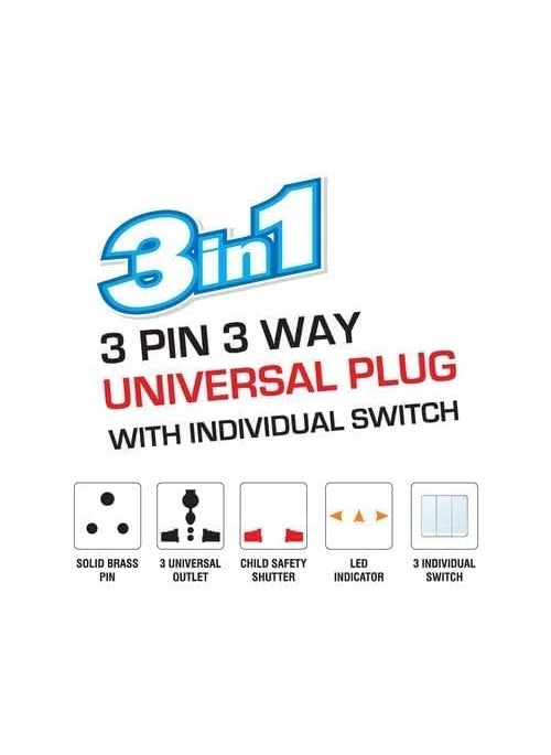 Krifa Enterprise Krifa Enterprise 3 Way Plug Adapter Switch 3 PIN Universal Conversion Plug 3 in 1 MultiPlug Individual Switch  - Image 3
