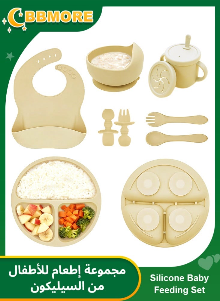 BBMORE Silicone Baby Feeding Set 8pcs, Include Baby Plates, Bowls, Bib, Cup with Straw and Lid, Spoon, Fork, Baby Spoon and Baby Fork, Utensils for 12+ Months – Bpa-Free, Dishwasher Safe (Yellow) - Image 1