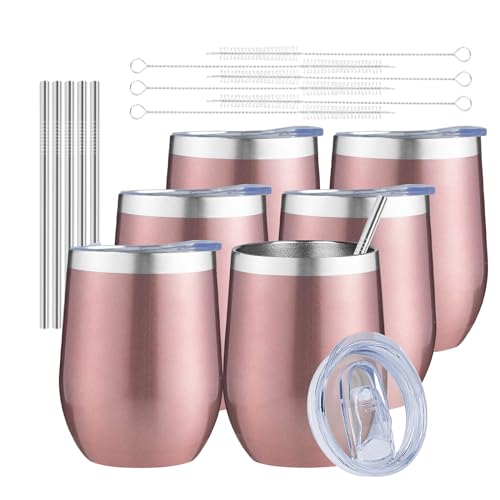 MEZMUT 12 Oz Insulated Wine Tumbler with Lid Double Wall Vacuum Stainless Steel Wine Glass Coffee Mug Insulated Tumbler Cup for Champaign, Cocktail, Beer (Rose Gold, 6 Pack) - Image 1
