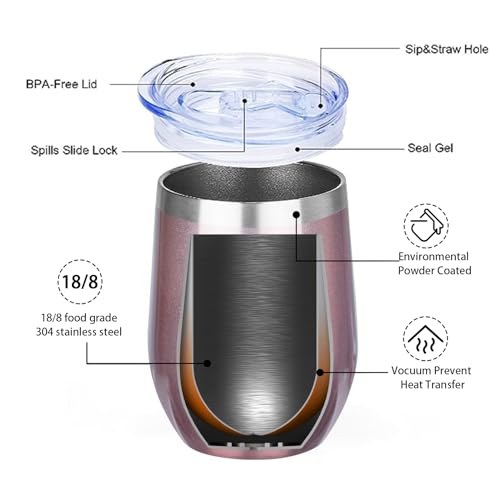 MEZMUT 12 Oz Insulated Wine Tumbler with Lid Double Wall Vacuum Stainless Steel Wine Glass Coffee Mug Insulated Tumbler Cup for Champaign, Cocktail, Beer (Rose Gold, 6 Pack) - Image 4