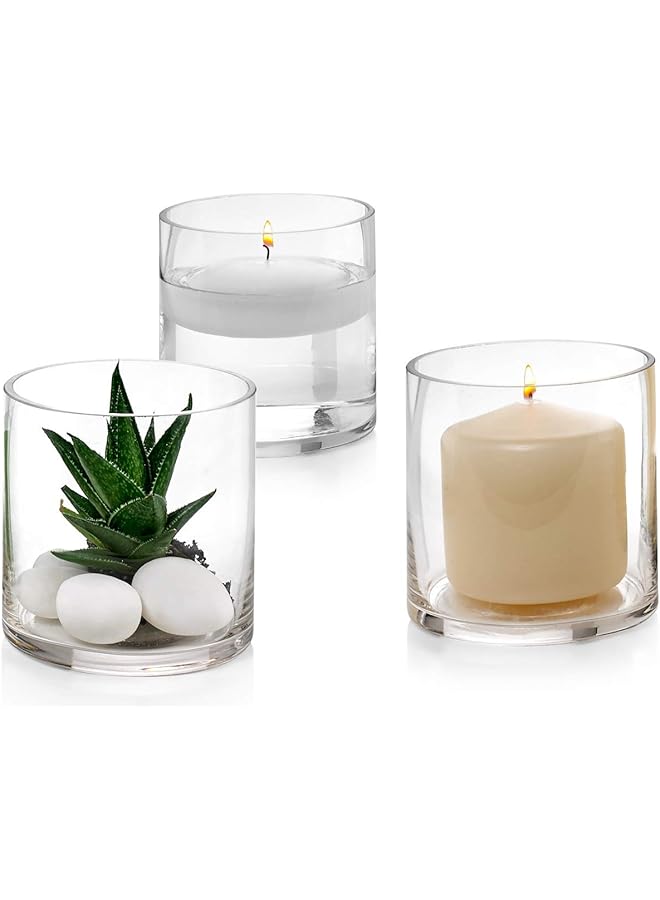 Set of 3 Glass Cylinder Vases 4 Inch Tall - Multi-use: Pillar Candle, Floating Candles Holders or Flower Vase – Perfect as a Wedding Centerpieces.