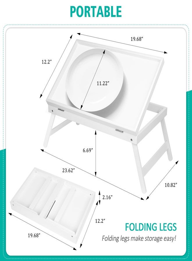 Artmeer Bamboo Lap Desks Bed Table White Breakfast Tray with Folding Legs Kitchen Serving Tray for Notebook Computer Bed Platters Desk Snack Tray(White) - Image 2