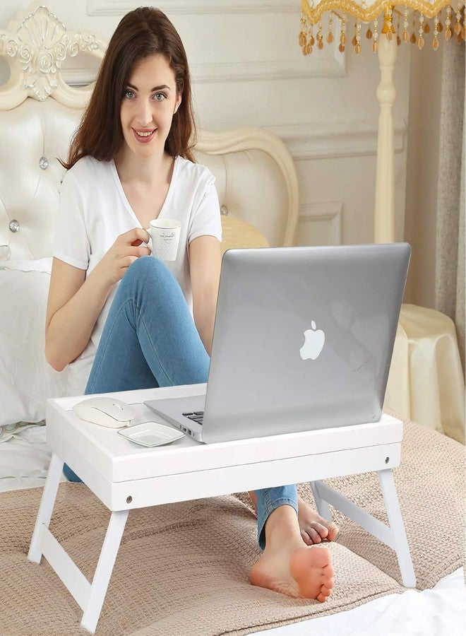 Artmeer Bamboo Lap Desks Bed Table White Breakfast Tray with Folding Legs Kitchen Serving Tray for Notebook Computer Bed Platters Desk Snack Tray(White) - Image 3