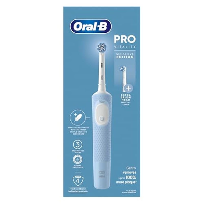 Oral-B Vitality Pro Electric Toothbrushes Adults, Mothers Day Gifts For Her/Him, 1 Handle, 2 Toothbrush Heads, 3 Brushing Modes Including Sensitive Plus, 2 Pin UK Plug, Blue - Image 1