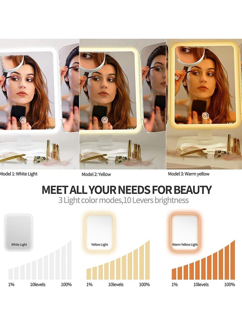 ELTRAZONE مرآة مكياج فاخرة مع أضواء – مرآة ثلاثية الطيات 68 LED، 3 أوضاع إضاءة، تكبير 1x/2x/3x، تصميم تحكم باللمس، مرآة تجميل محمولة عالية الدقة مضاءة، مثالية للمنزل والسفر (أبيض) - Image 5
