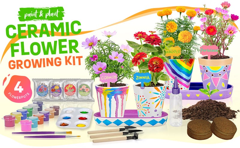ون تو فور 4 Set Paint & Plant Ceramic Flower Gardening Kit - Arts and Crafts for Kids Ages 4-6, Art Supplies Crafts for Girls Ages 8-12, Toys Birthday Gifts for Girls Boys Ages 4 5 6 7 8 9 10 11 12 - Image 1