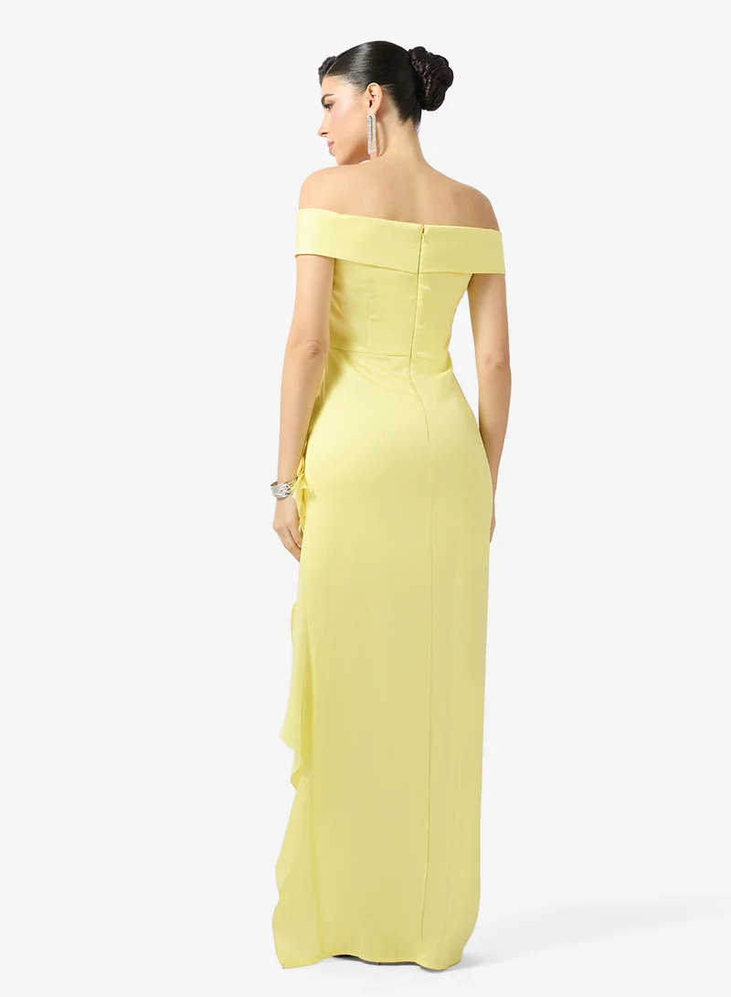 نمشي x Off Shoulder 3D Floral Detail Evening Dress with Slit