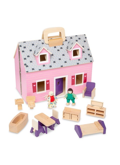 Fold And Go Wooden Dollhouse With 2 Dolls And Wooden Furnituremultione Size
