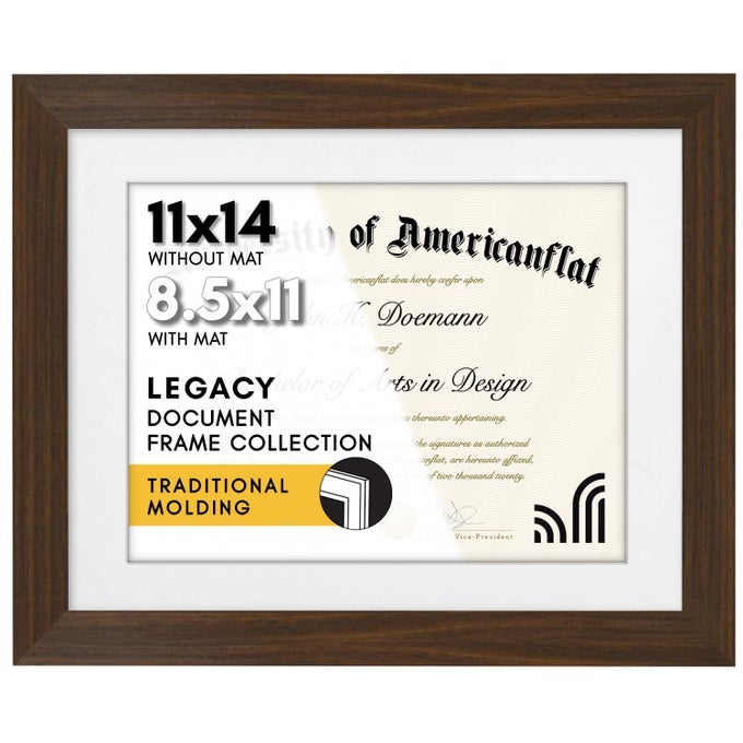 11x14 Diploma Frame with ShatterResistant Glass Use as 85x11 Frame with Mat or Display 11x14 Documents Without Mat Legacy Collection Certificate Frames for Wall Walnut