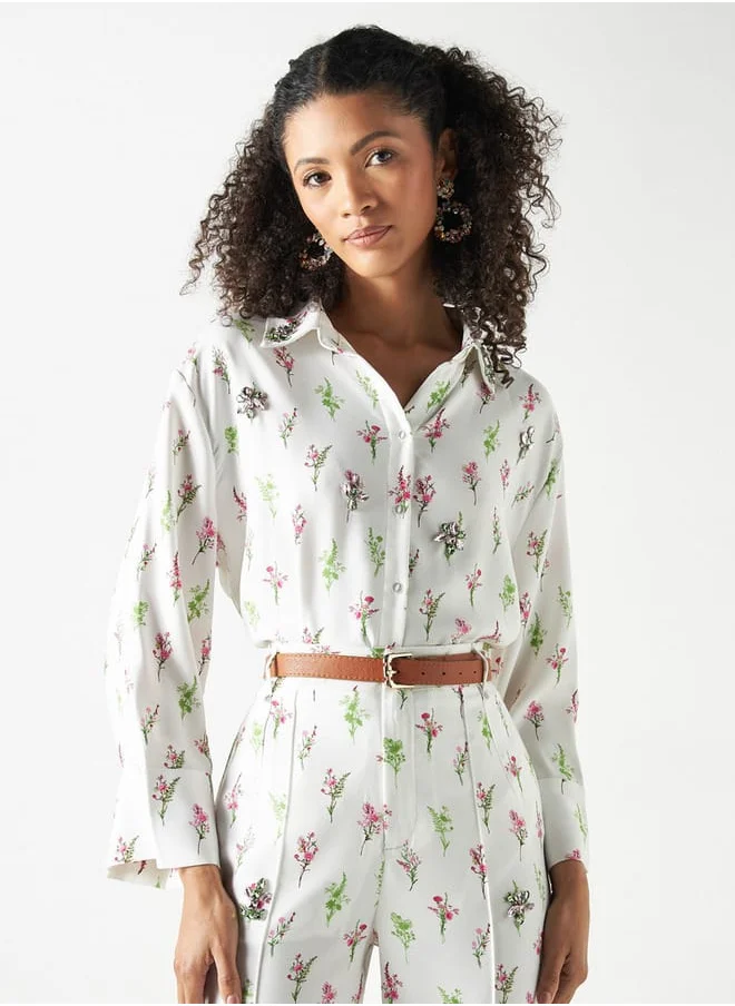 Iconic Iconic Floral Print Embellished Shirt with Long Sleeves
