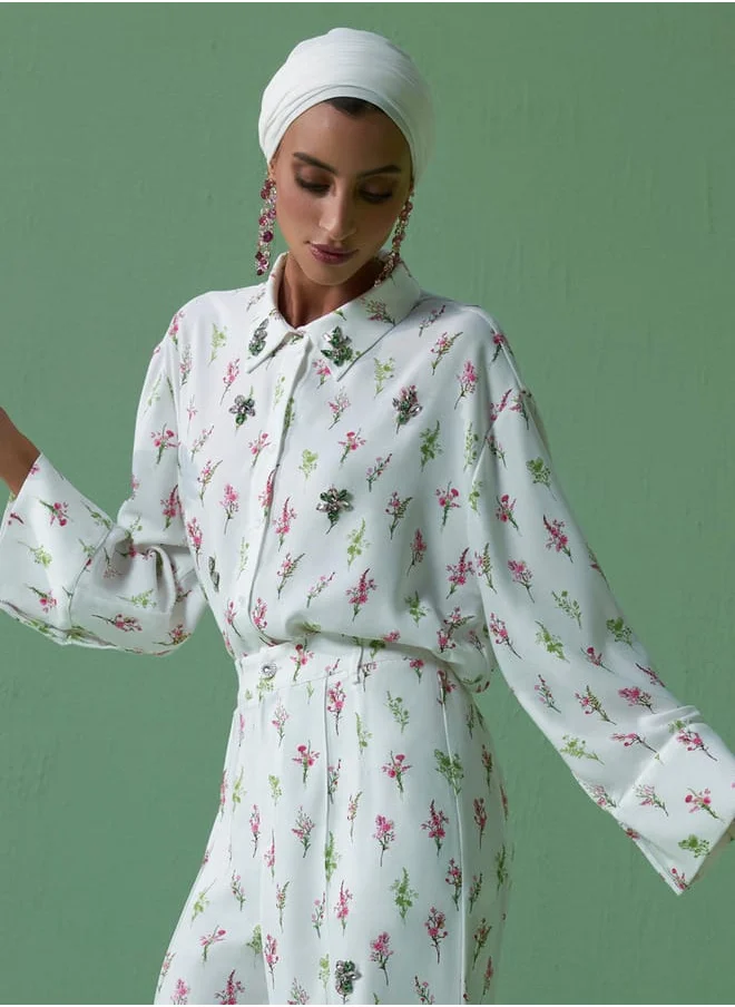 Iconic Iconic Floral Print Embellished Shirt with Long Sleeves