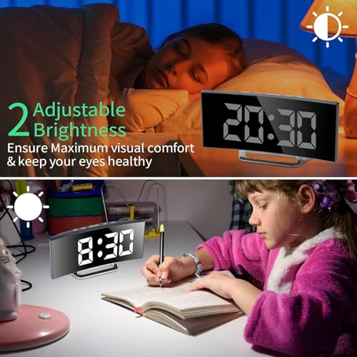 Reacher Curved Mirror Digital Alarm Clock, 7 Inch LED Mirror Screen Alarm Clock on Bed, Snooze Mode, 2 Brightnesses, Alarm Clock for Bedroom, Kitchen, Office, USB Charging and Battery Power - Image 4