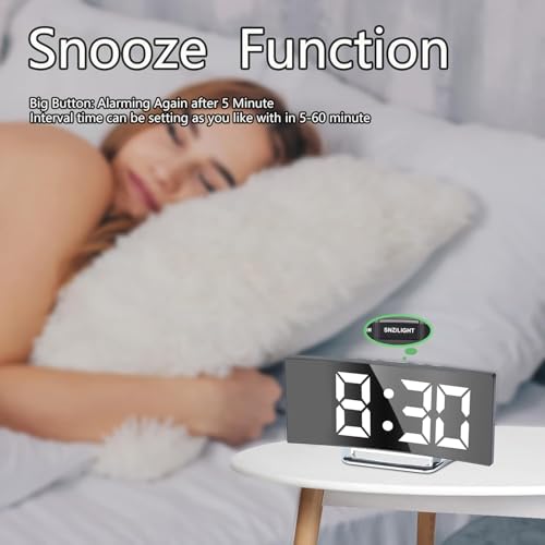 Reacher Curved Mirror Digital Alarm Clock, 7 Inch LED Mirror Screen Alarm Clock on Bed, Snooze Mode, 2 Brightnesses, Alarm Clock for Bedroom, Kitchen, Office, USB Charging and Battery Power - Image 3