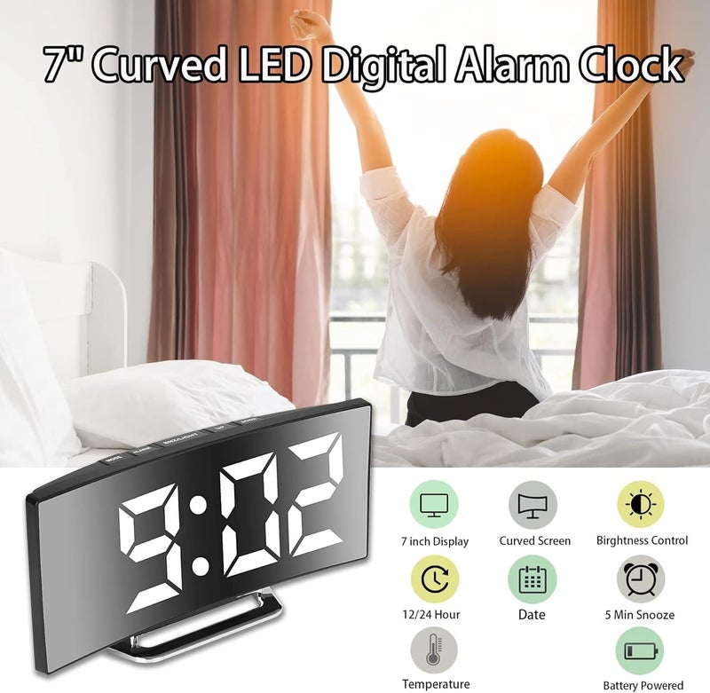 Reacher Curved Mirror Digital Alarm Clock, 7 Inch LED Mirror Screen Alarm Clock on Bed, Snooze Mode, 2 Brightnesses, Alarm Clock for Bedroom, Kitchen, Office, USB Charging and Battery Power - Image 2