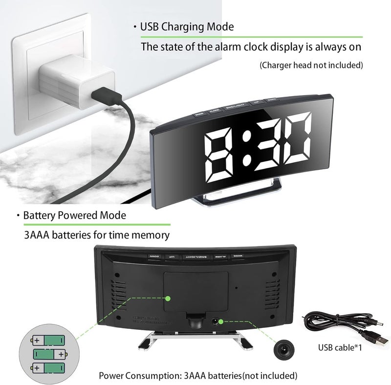Reacher Curved Mirror Digital Alarm Clock, 7 Inch LED Mirror Screen Alarm Clock on Bed, Snooze Mode, 2 Brightnesses, Alarm Clock for Bedroom, Kitchen, Office, USB Charging and Battery Power - Image 5