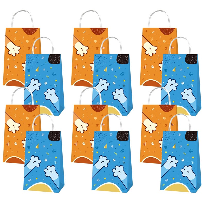 BOBORAT Blue Dog Pet-Themed Paper Gift Bags, 12 Pack, Blue and Orange Party Favor Bags with Handles, 8.3 x 4.7 inches - Image 1