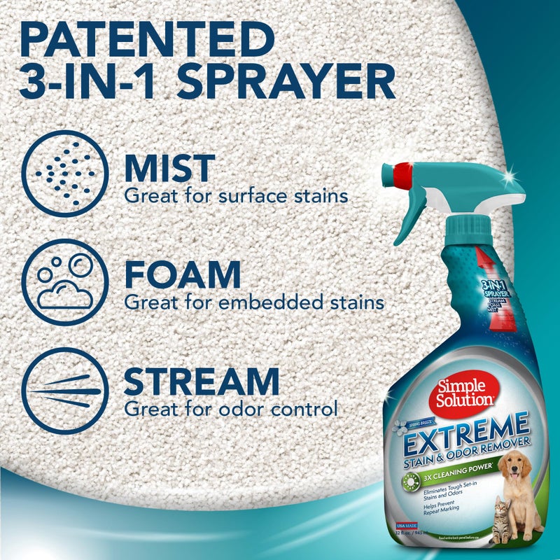 Simple Solution Extreme Pet Stain and Odor Eliminator Spray for Dogs and Cats - Enzymatic Cleaner with 3X Pro-Bacteria Cleaning Power - Strong Urine Pee & Poop Stain Remover - Spring Breeze, 32 oz - Image 3