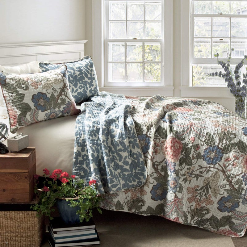 Lush Decor Sydney Reversible Cotton Quilt Set - Charming & Colorful Floral Leaf Design - 3 Piece Quilted Botanical Bedding Set With Shams - Full/ Queen, Green & Blue - Image 1