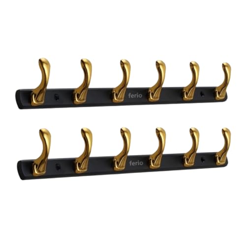 FERIO Gold & Black Finish Cloth Hanger for Wall – Heavy Duty Zinc Cloth Hanging Hook with 6 Curved Hooks, Better Than Self Adhesive Wall Hooks, Smooth Designed Door Hook (Pack of 2) - Image 1