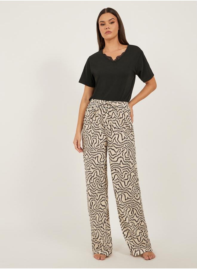 Styli Lace Trim Notch Neck T-Shirt and Printed Pyjama Pants Set  - Image 2