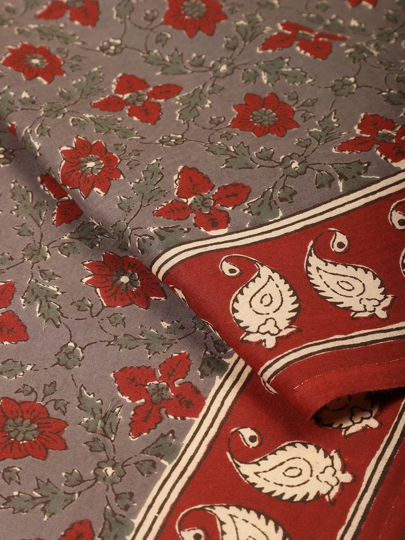 AKS Charcoal Grey & Red Floral Fabric With Paisley Border