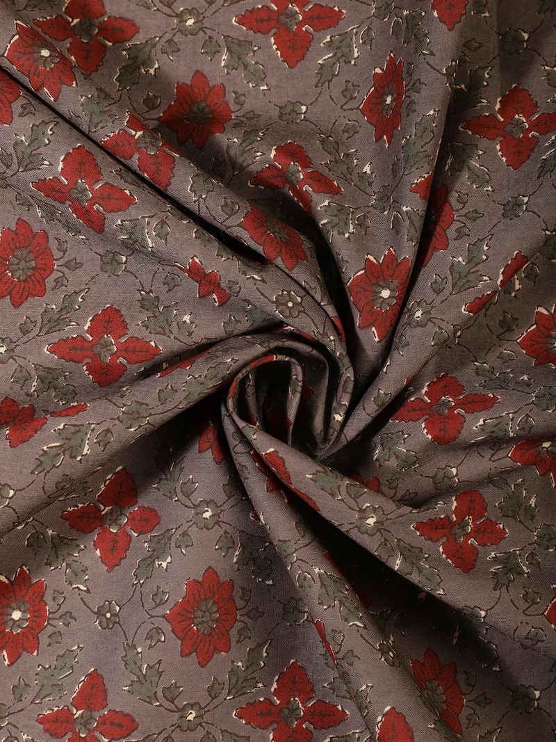 AKS Charcoal Grey & Red Floral Fabric With Paisley Border