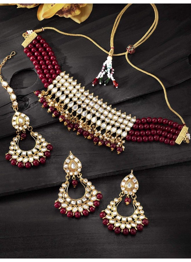 Aheli - Faux Kundan Pearl Choker Necklace With Earring Maang Tikka Indian Traditional Bollywood Jewelry Set For Women (Maroon) - Image 1