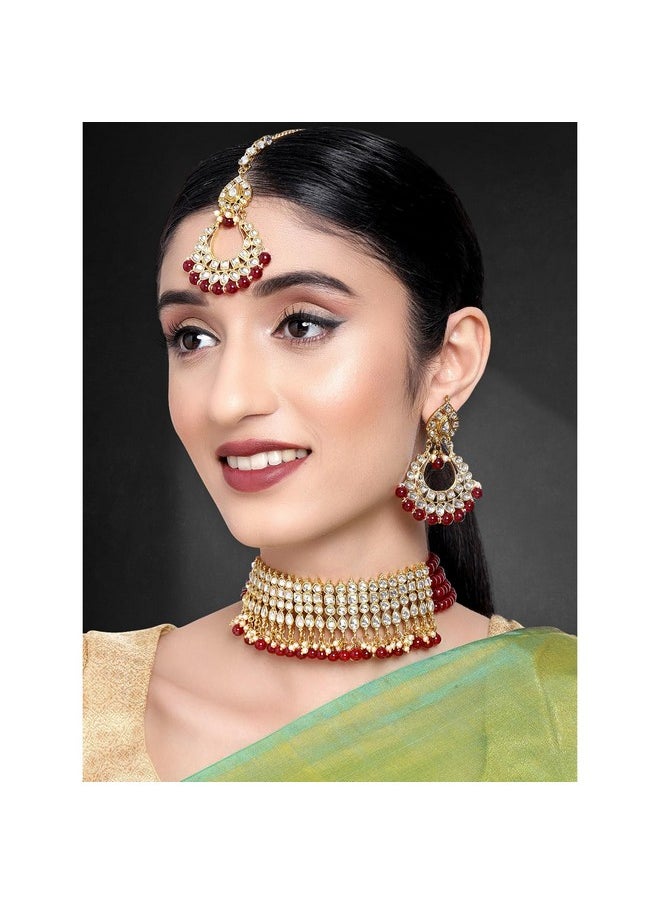 Aheli - Faux Kundan Pearl Choker Necklace With Earring Maang Tikka Indian Traditional Bollywood Jewelry Set For Women (Maroon) - Image 1