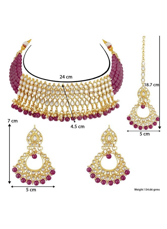 Aheli - Faux Kundan Pearl Choker Necklace With Earring Maang Tikka Indian Traditional Bollywood Jewelry Set For Women (Maroon) - Image 1