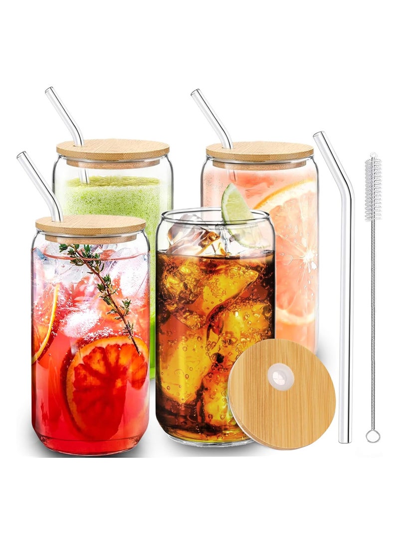 اوقورا عبوة من 4 كوب زجاجي بحجم 550 مل من زجاج البوروسيليكات مع قشاة زجاجية وغطاء خيزران - مقاوم للحرارة، يمكن استخدامه على النار وفي الميكروويف وغسالة الصحون - كوب شفاف للعصير وأكواب الحليب وقهوة الإفطار. - Image 1