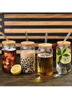 OQUERA Pack of 4 - 550ml Borosilicate Glass Cups with Glass Straw, and Bamboo Lid - Heat Resistant, Stovetop, Microwave, and Dishwasher Safe - Transparent Juice Glass, Milk Cups, Breakfast Mug,  - Image 2