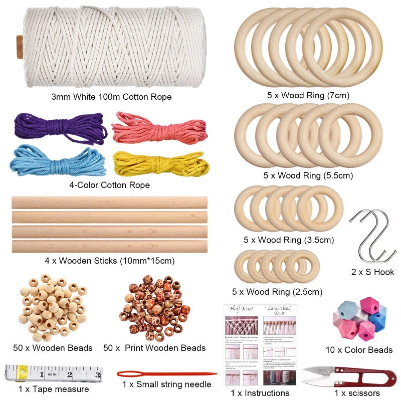 Hdviai Macrame Supplies 3mm x 109Yards Macrame Cord for Macrame Kits for Adults Beginners, Macrame Kit, with Accessories Like 110Pcs Beads and 40Pcs Wooden Rings for Macrame Plant Hanger Kit - Image 2