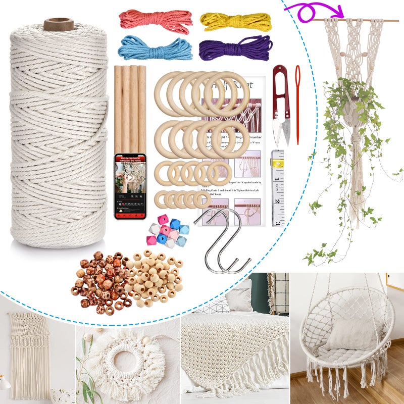 Hdviai Macrame Supplies 3mm x 109Yards Macrame Cord for Macrame Kits for Adults Beginners, Macrame Kit, with Accessories Like 110Pcs Beads and 40Pcs Wooden Rings for Macrame Plant Hanger Kit - Image 1