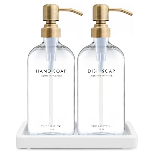 Vine Creations Glass Soap Dispenser Set Kitchen Soap Dispenser Set with Ceramic Tray 16 oz Dish Soap and Hand Soap Dispensers with Stainless Steel Pump Decor Clear BottleBrushed Brass - Image 1