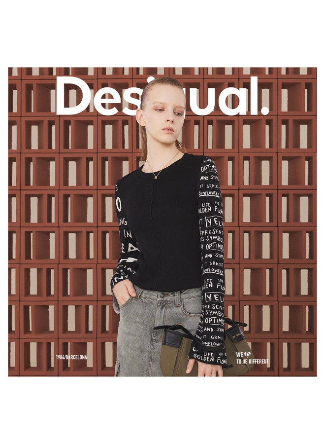 DESIGUAL women's Round Neck Long Sleeve T-shirt With Knitted Stretch Jacquard Sleeve Panels - Image 3