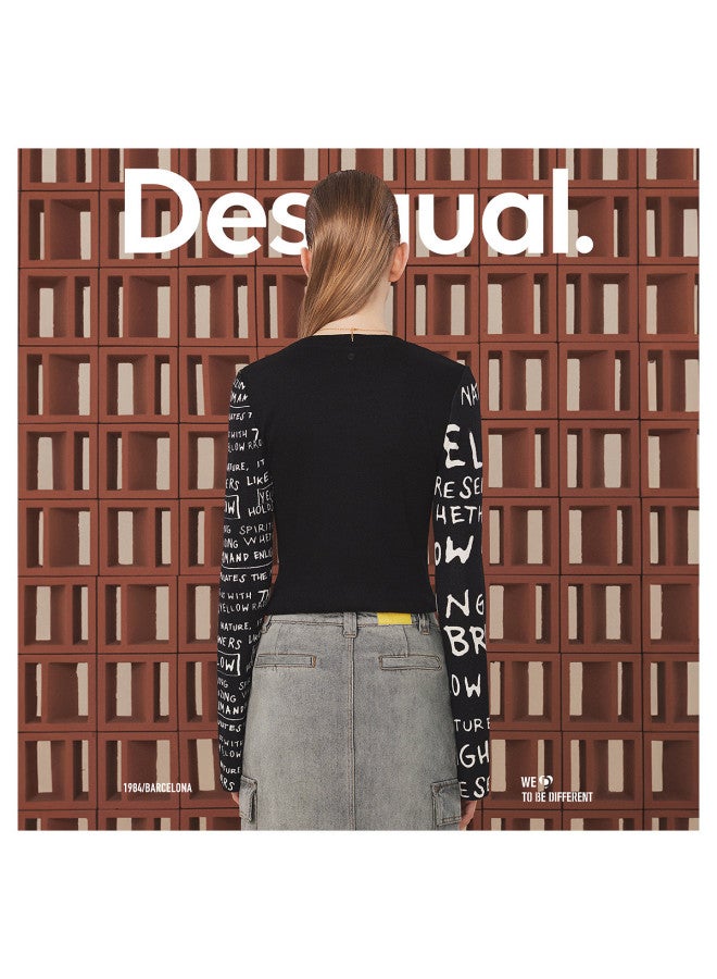 DESIGUAL women's Round Neck Long Sleeve T-shirt With Knitted Stretch Jacquard Sleeve Panels - Image 5
