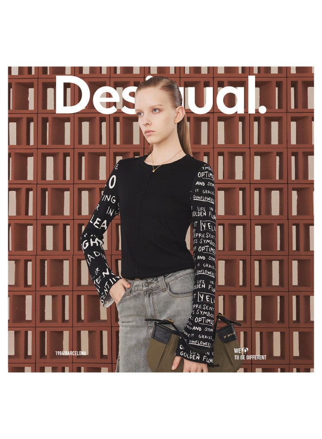 DESIGUAL women's Round Neck Long Sleeve T-shirt With Knitted Stretch Jacquard Sleeve Panels - Image 4