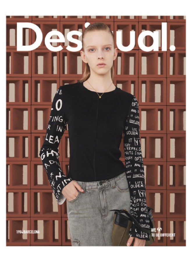DESIGUAL women's Round Neck Long Sleeve T-shirt With Knitted Stretch Jacquard Sleeve Panels - Image 1