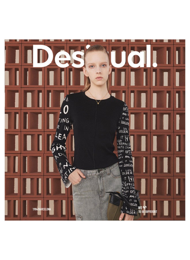 DESIGUAL women's Round Neck Long Sleeve T-shirt With Knitted Stretch Jacquard Sleeve Panels - Image 2
