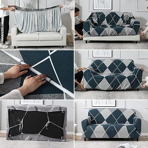 Furshine® Universal One Seater Sofa Cover Big Elasticity, Protective, Flexible Stretch, Spandex & Polyester Sofa Slipcover for Couch Protector Stretchable (One Seater, 90-145cm, Blue Rhombus) - Image 2