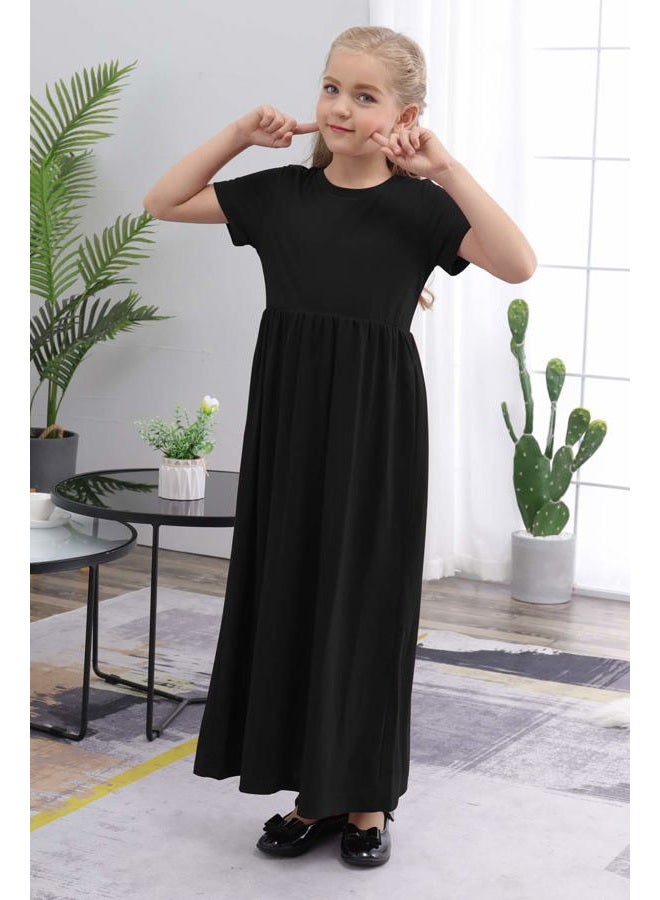 GORLYA Girl's Short Sleeve Floral Print Loose Casual Holiday Long Maxi Dress with Pockets 4-12 Years (11-12Years/Height:150cm, Black Color) - Image 4
