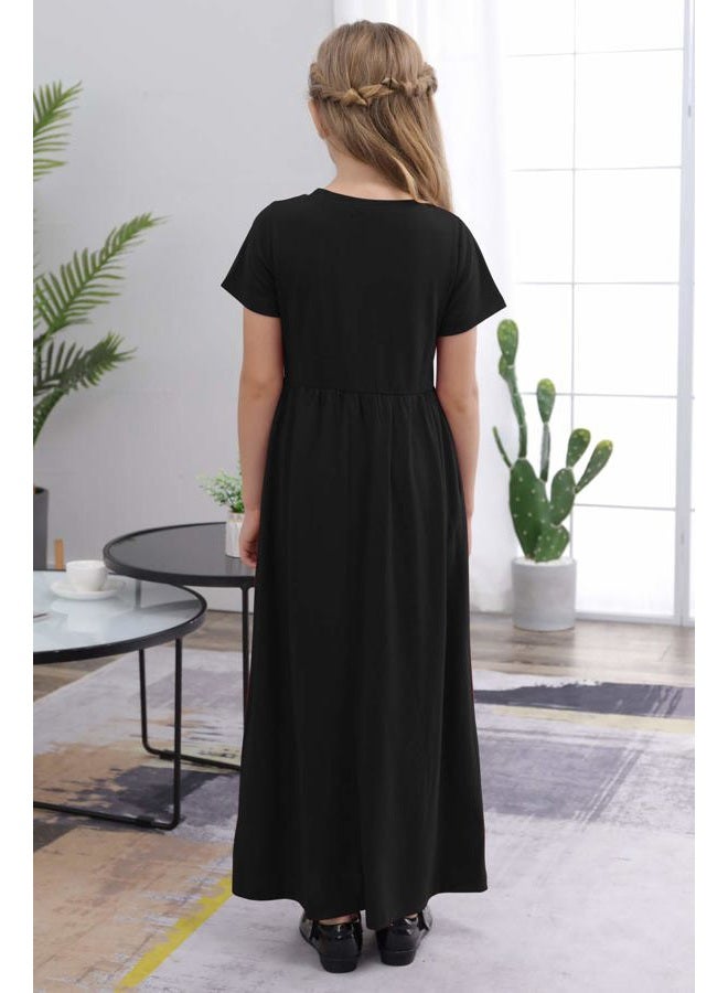 GORLYA Girl's Short Sleeve Floral Print Loose Casual Holiday Long Maxi Dress with Pockets 4-12 Years (11-12Years/Height:150cm, Black Color) - Image 2