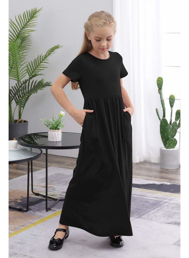 GORLYA Girl's Short Sleeve Floral Print Loose Casual Holiday Long Maxi Dress with Pockets 4-12 Years (11-12Years/Height:150cm, Black Color) - Image 3