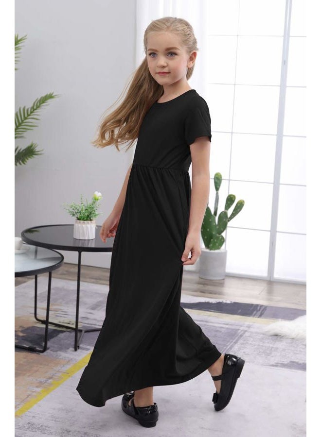 GORLYA Girl's Short Sleeve Floral Print Loose Casual Holiday Long Maxi Dress with Pockets 4-12 Years (11-12Years/Height:150cm, Black Color) - Image 5