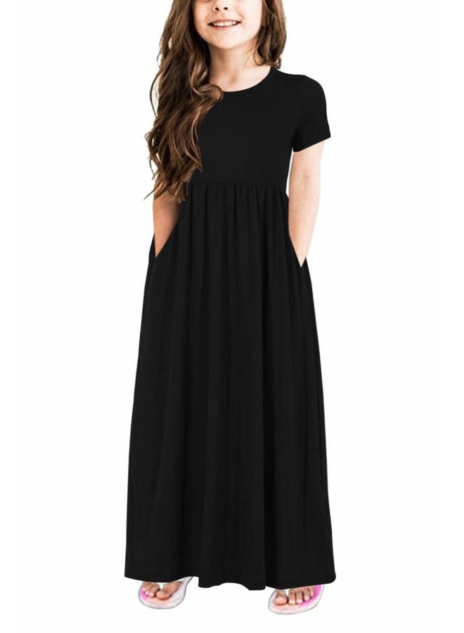 GORLYA Girl's Short Sleeve Floral Print Loose Casual Holiday Long Maxi Dress with Pockets 4-12 Years (11-12Years/Height:150cm, Black Color) - Image 1