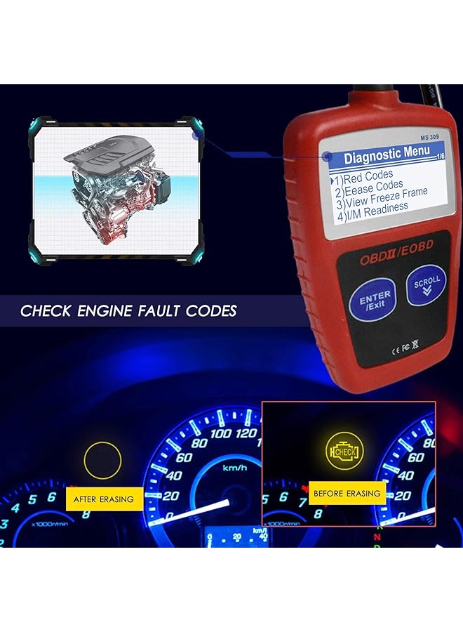 Aookay Ms309 Obd2 Scanner Check Engine Light Fault Code Reader Universal Obdii Diagnostic Scan Tool Read Clear Trouble Codes, View Freeze Frame Data, I/M Readiness Smog Check (Ms309)  - Image 5