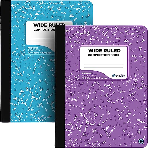 Enday Composition Notebooks Wide Ruled Paper, Colored Marble Composition Notebook Covers, 100 Sheets (200 pages) Composition Books, Marble Notebooks Wide Ruled For School, Blue And Purple, 2 Pack - Image 1